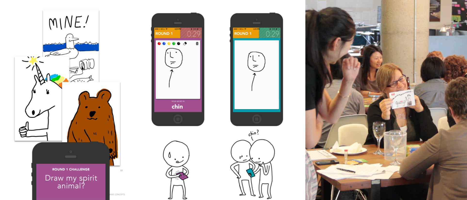 WB Parlor Games — player-drawn cards, the Draw It game screens, and an agency game night in progress